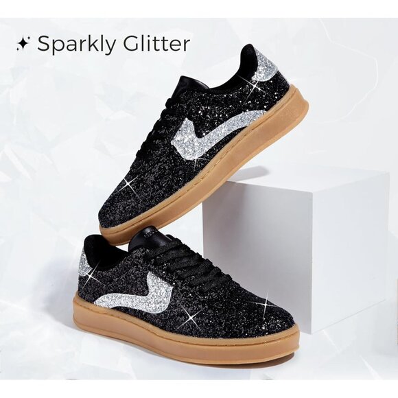 Lucky Step Women Black Sparkly Bling Shiny Dressy Bedazzled Bridal Sneakers - Picture 2 of 9